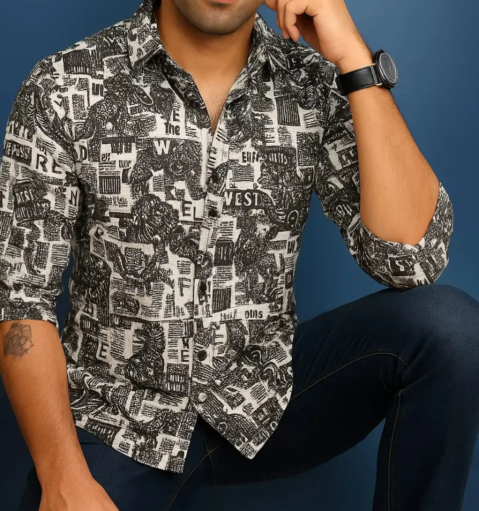 Men's Newspaper Print Cotton Shirt, Full Sleeve, Slim Fit, Spread Collar, Black and White